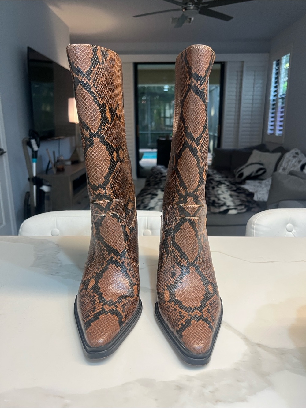 Snake-Print Mid-Calf Western Block Heel Boots - Brown - Picture 4 of 5
